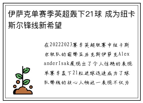 伊萨克单赛季英超轰下21球 成为纽卡斯尔锋线新希望